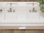 Plan vasque suspendu, double lavabos intégrés au angle arrondi L. 120 à 200 cm x 40 à 60 cm, résine minérale ACRYSTONE®  Finition lisse mate, Livraison Offerte et Rapide.